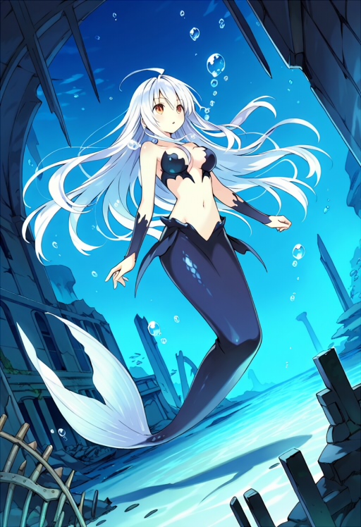 The original illustration: a white-haired mermaid in deep blue water among ruins, with bright cyan light on the sea floor.