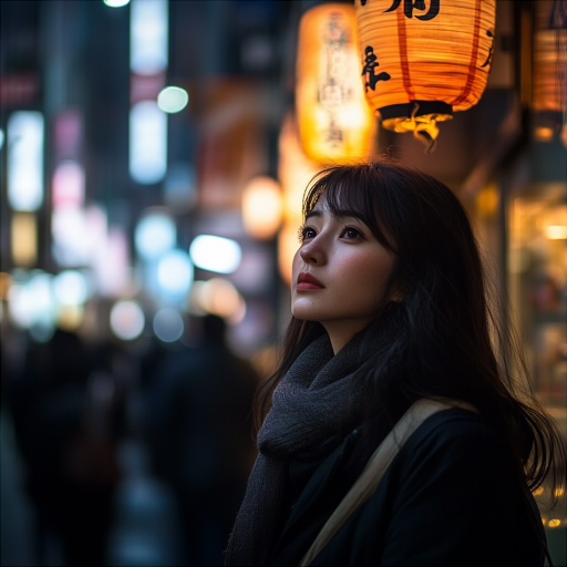 Input: a woman at night in a city street with orange lanterns and blurred lights.