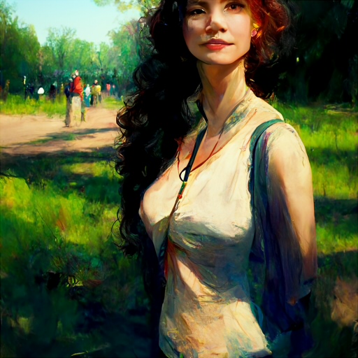 Reference: a painterly woman in a sunny green park.